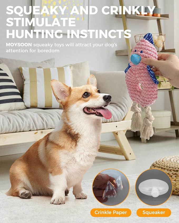 Crinkle Squeaky Dog Toys for Medium Dogs, Durable Plush Chew Toys for Aggressive Chewers, Interactive Tug of War Toy, Teething Gift to Keep Them Busy and Relieve Boredom (Pink Chick)