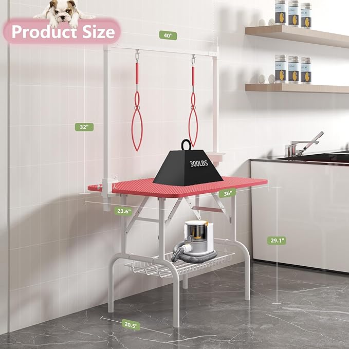 VFK 36''/47''Large Dog Grooming Table, Foldable Pet Station at Home, Dog Grooming Table,Adjustable Cat Drying Desktop with Arms, Nooses, Mesh Tray (Basic pet Table, 36" Pink)