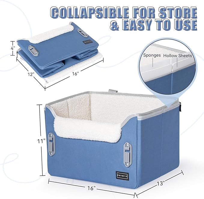 PETSFIT Dog Car Seats for Small Dogs–Patented Safety Buckles–Safety Tether–Foldable Travel Dog Booster Car Seat Reduces Anxiety & Road Trips–Stable Frame, Soft Cushion, Fits Front/Back Seat(Navy Blue)