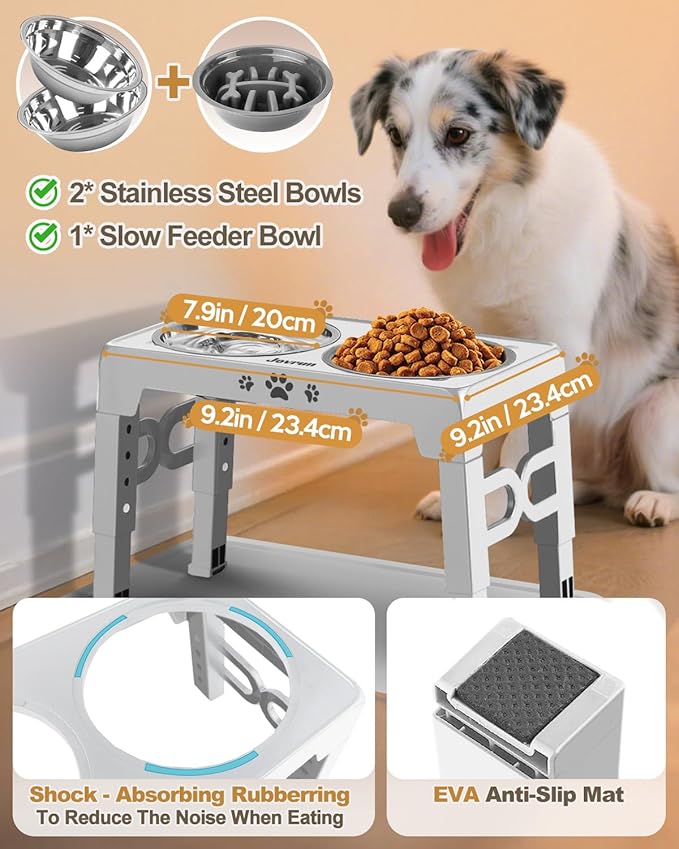 Elevated Dog Bowls, Dog Feeder with 2 Stainless Steel Dishes &1 Slow Feeder Bowl, 5 Heights Adjustable Raised Stand for Medium Large, Food Dishes with Non-Slip Feet