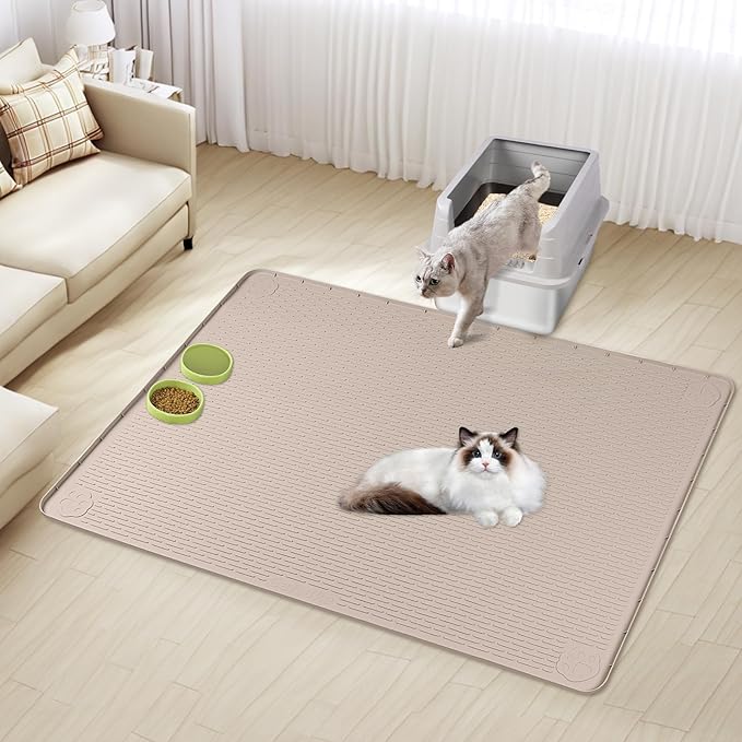 Cat Food Mat, 57" x 40" Extra Large Silicone Pet Feeding Mat with Raised Edge Pet Placemat for Food and Water Bowl Non-Slip, Easy to Clean, Floor Protection (Khaki)