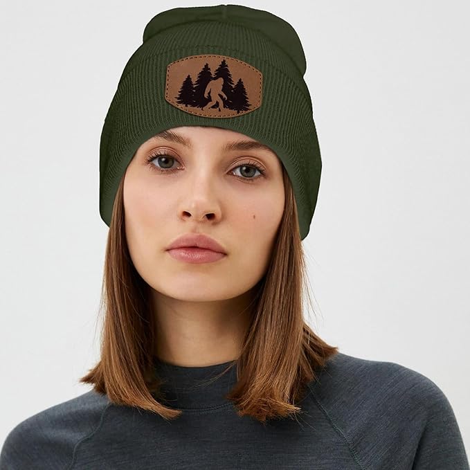Big Foot Beanie Hat, Sasquatch Leather Patch Winter Knit Skull Cap Bigfoot Gifts for Adult Men Women