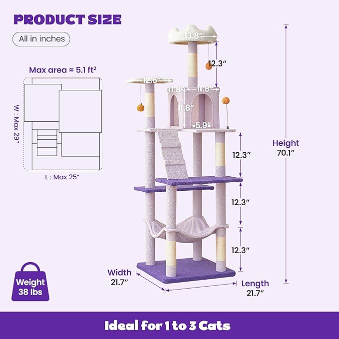 MWPO Flower Large Cat Tree, 70.1-Inch Multi-Level Tall Cat Tower for Indoor Cats, Plush Cat Condo with Big Padded Perches, Sisal-Covered Scratching Posts, Hammock, Toys for Kittens & Cats