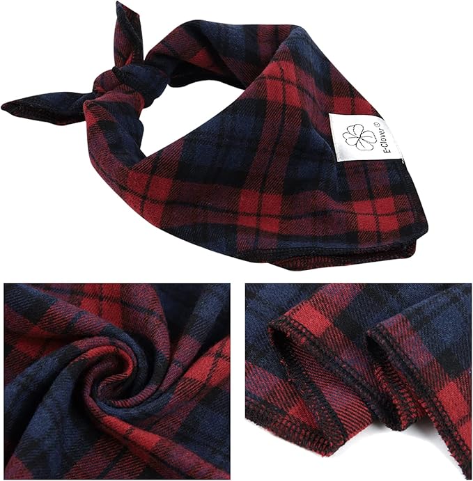 E-Clover Christmas Dog Bandanas & Matching Scrunchie Set Plaid Dog Scarf Bibs Pet Handkerchief for Small Dogs Puppy Owner Gifts Red Blue