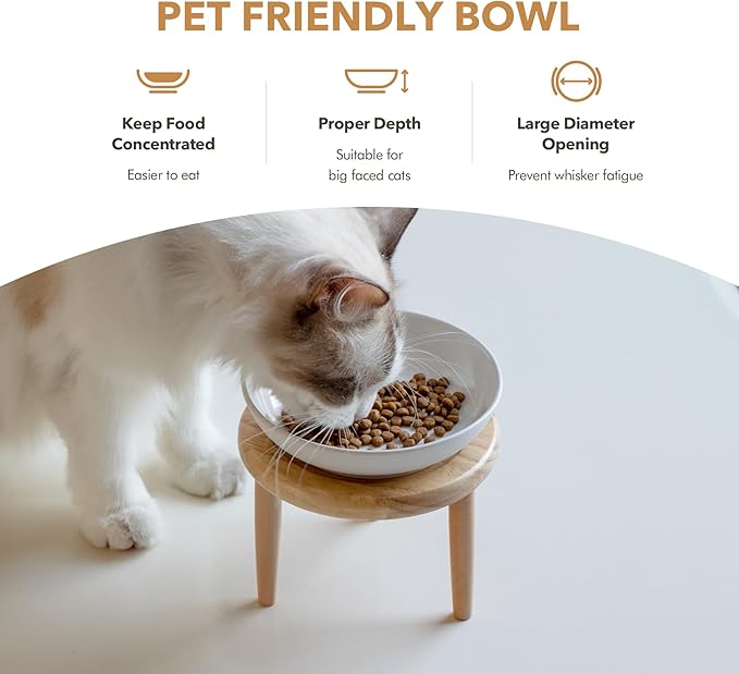 Raised Ceramic Wide Whisker Friendly Cat Dish, Anti-Slip Food&Water Bowl with 2 Style Stand Adjustable Pet Bowl Set (1Dish+Stand, White)