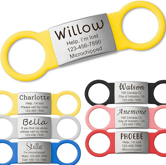 Anavia Slide On Silent Pet ID Tags, S/M/L/XL Personalized Multi-Color Silicone Band Cat Dog Name Tags, Customized Engraved Stainless Steel, Chew-Proof Quiet Dog Collar Tags (Yellow, Small)