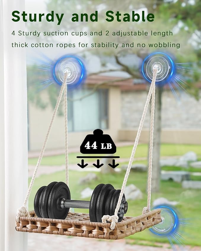 Cat Window Perch Cat Window Hammock Bed for Indoor Cats, Large Handwoven PE Rattan Window Seat, 4 Suction Cups, Double Sided Washable Cushion Bed, 2.3 Inch Fence Shelf, for Pet Kittens Natural