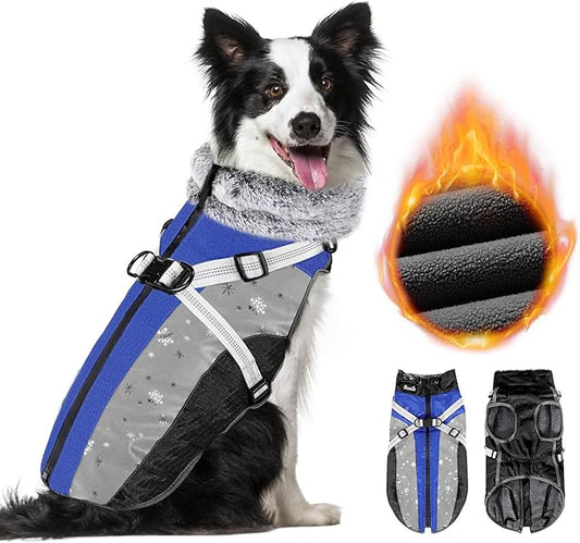 SlowTon Dog Jacket with Harness Built in - Waterproof Fleece Winter Warm Dog Coats for Small Medium Dogs, Reflective Adjustable Furry Puppy Vest Clothes for Outdoor Walking (Blue,XL)