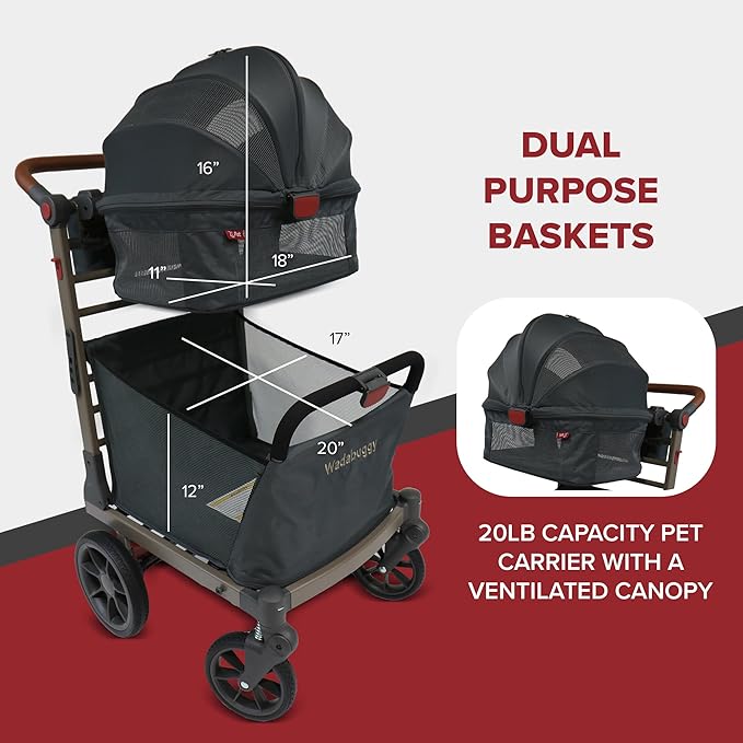 Wadabuggy Pet Foldable Cart - Luxury Cat & Dog Stroller with Extra Large Shopping Basket, Cup Holders, & Ventilated Canopy - Easy Fold Pet Stroller for Cats & Dogs