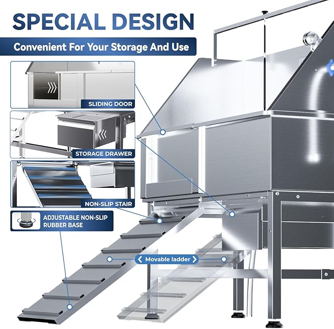 46" Dog Washing Station, Professional Stainless Steel Dog Bathtub w/Ramp & Storage Drawer, Adjustable Grate, Non-Slip Design, Perfect for Home Grooming & Large Dogs (46" Left Ramp)