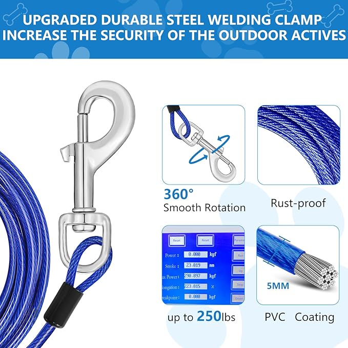 15ft Dog Tie Out Cable, Dog Leash Heavy Duty Tie Out Cable for Large Dogs Up to 125lbs Pull Force, Dogs Runner for Yard Outdoor and Camping, Heavy, Blue