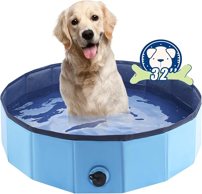 Foldable Dog Pool, Portable Pet Bath Tub and Kiddie Swimming Pool, Collapsible Bathtub for Puppies, Small, Medium and Large Dogs, Cats and Kids, 32 x 8 in, Blue