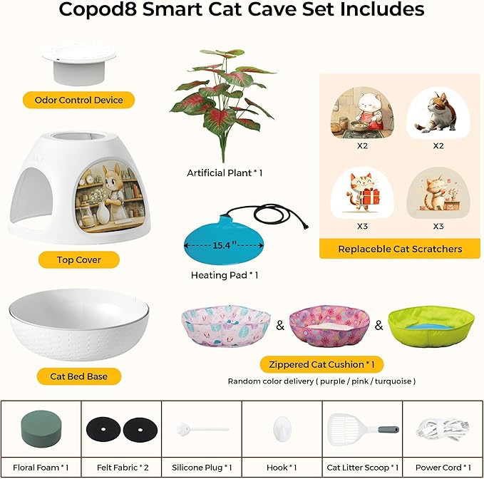Copod8 Cat Bed Heated Pet Cave 4-in-1 Kitty Warming House Condo with Replaceable Scratching Board, Heating Pad and Air Purifier for Indoor Cats Rabbits Guinea Pigs Small Dogs (White)