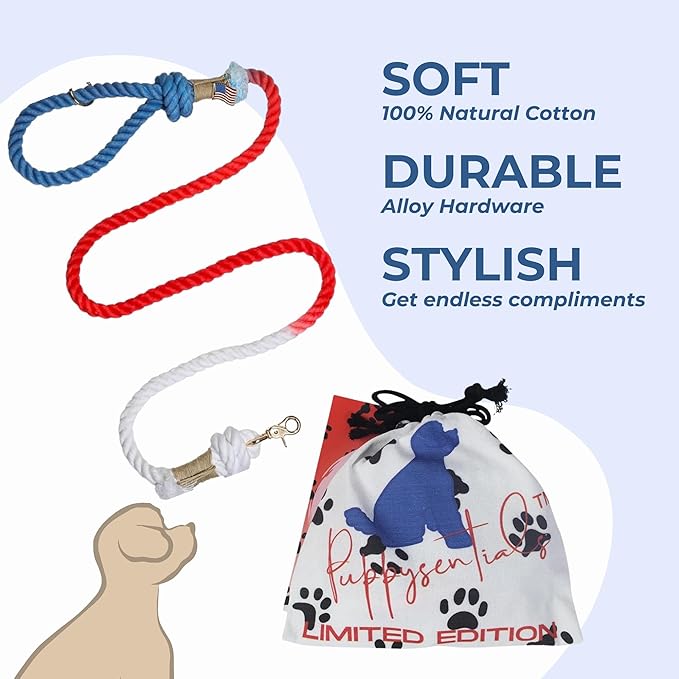 Premium Cotton Rope Leash for Medium & Large Dogs – 5 ft Handcrafted, Strong, Stylish & Durable with 360° Swivel Heavy-Duty Clip – Perfect for Everyday Walks &Training - Red White and Blue USA Leash