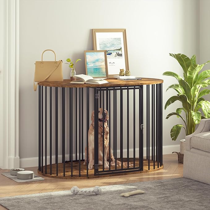 TVU 48 Inch Dog Crate Furniture, Heavy Duty Dog Kennel Indoor for Large Dogs, Oval Decorative Pet House End Table for Living Room, Bedroom, Hallway, 47.2" L x 27.6" W x 31.5" H, Rustic Brown, Black