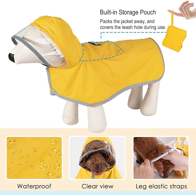 Lukovee Dog Raincoat, Adjustable Dog Rain Jacket with Clear Hooded Double Layer for Large Medium Small Dogs Puppies, Waterproof Rain Coat Poncho with Reflective Storage Pocket & Rim (Yellow, L)