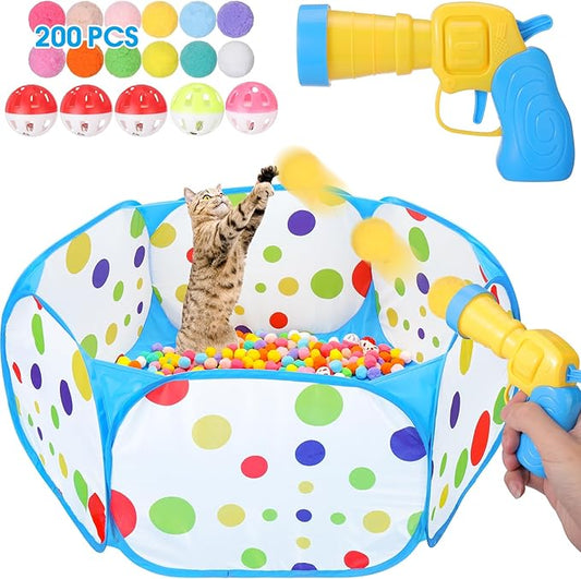 Mity rain Cat Ball Pit with Balls Included, Interactive Toy for Indoor Bored Cats with Ball Launcher, Jingle Balls and Pom Pom Balls, Cat Enrichment Toys, Kitten Toys for Self Playing Blue