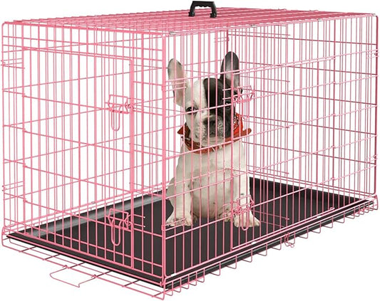 PayLessHere Small Dog Crate Kennel 24 inches Metal Dog Cage Double-Door Folding Travel Indoor Outdoor Puppy Playpen with Divider and Handle Plastic Tray,Pink