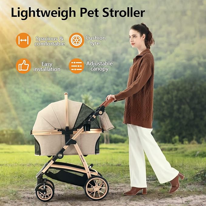 Kenyone Pet Stroller 3 in 1 for Medium Small Size Dogs Luxury Large Cat Stroller Detachable Carrier for Puppy, Kitty, Doggie (C510L Khaki)