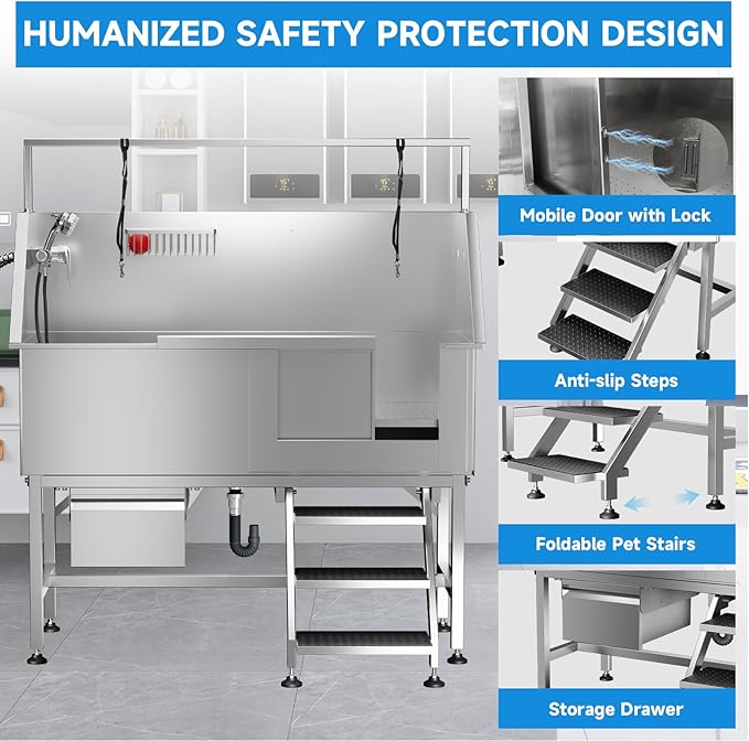 Dog Washing Station 46" Dog Grooming Tub with Right Stair& Faucet, Stainless Steel Dog Bathing Station for Home,Dog Bathtub for Large,Medium,Small Pets