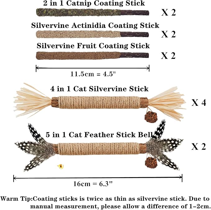 Cat Toys, 12pack Silvervine Cat Feather Toy Kitten Chew Stick Catnip Treat with Bell for Cleaning Teeth Indoor Kitty Teaser Wand Molar Snack for Interactive Pet Pig-1