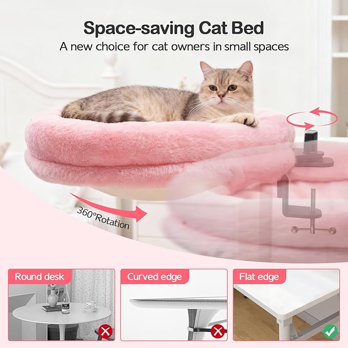 Odoland Large Cat Desk Bed - Cat Perch Clamp for Home Workers - 360 Rotating Desktop Hammock with Replace Mattress for Winter Summer - Hold UP to 50LBS for Kitten Adult Cats Small Pet, Pink