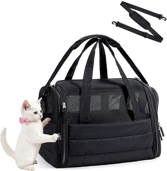 BAGSMART Cat Carrier: Soft-Sided Pet Carrier for Small Medium Cats Dogs Puppy Quilted Collapsible Puffy Travel Bag Up to 20 Lbs Black