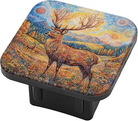 Hitch Cover Fits for 2-Inch Hitch,Deer with Intricate Patterns in A Van Gogh - Style Landscape Rubber Trailer Hitch Cover Tube Plug Insert,Car Exterior Accessories, Receiver Tube Hitch Plug