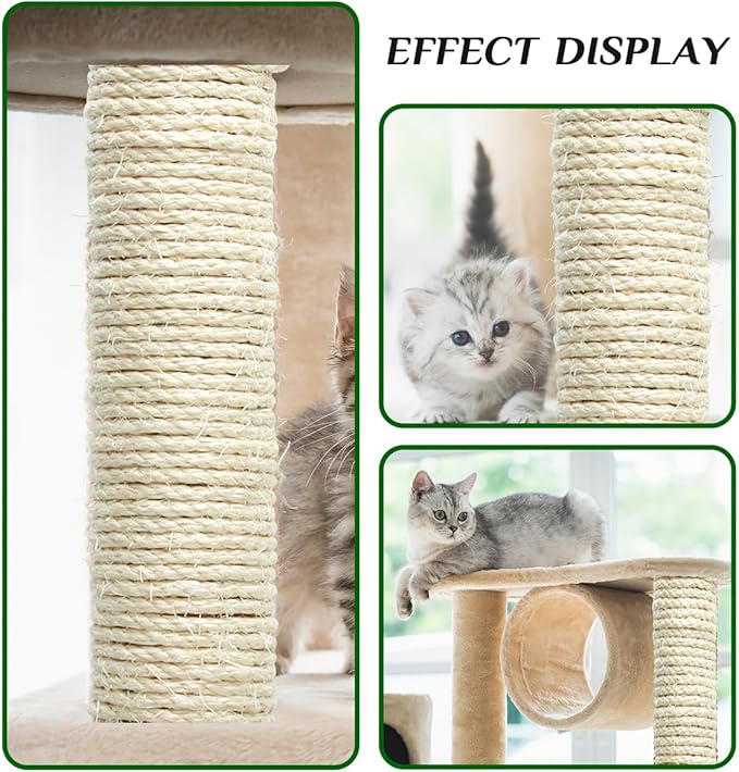 White Sisal Rope 1/4 Inch by 49-Feet for Cat Scratching Post Tree Tower Replacement Repair and Replace, DIY Hemp Twine Rope for Kittens Shelves Furniture Window Perch Hammock Climbing, 6mm by 15m