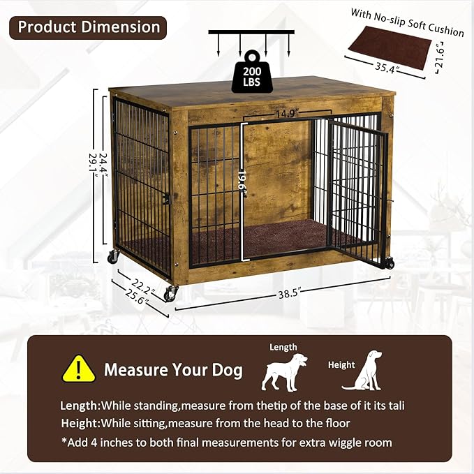 Dog Crate Furniture with Cushion,38" Wooden Dog Crate nightstand with Double Doors, Brown Kennel Indoor with Wheels, Decorative Pet House for Small Medium