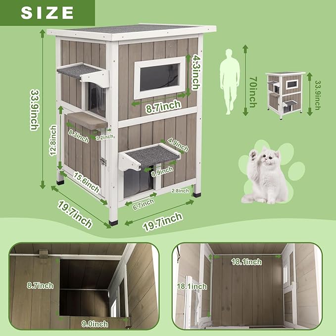 Outdoor Cat House Weatherproof, Two Story Wooden Feral Cat House Shelter with 2 Escape Door, Outside Cat Condo for Small Animals with Openable Asphalt Roof, Grey