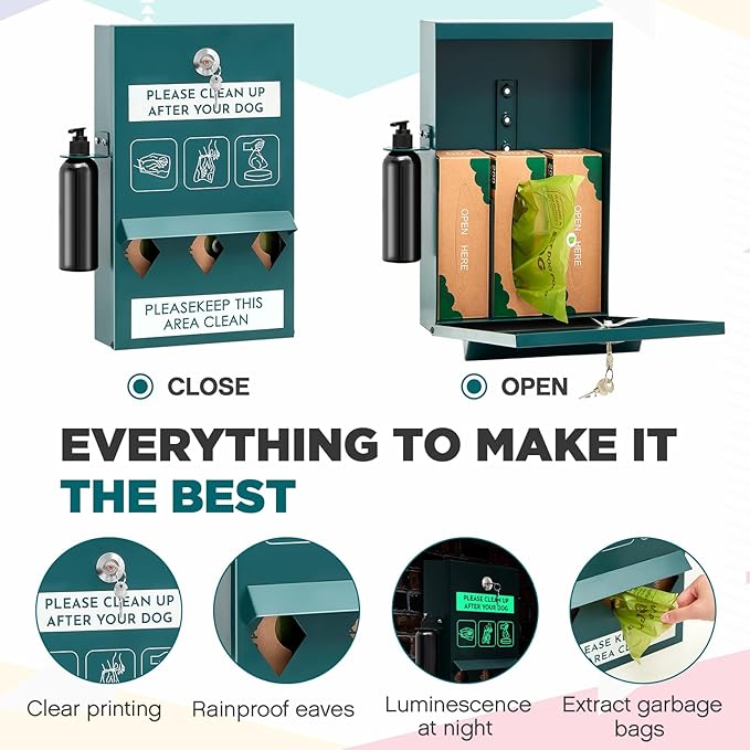 Abbylike 1 Set Outdoor Dog Bag Storage Dispenser with Bags and Hand Sanitizer Bottle Green Poop Station Wall Mounted Dog Waste Container for Pet Waste Wall Home Porch Lawn Yard Fence