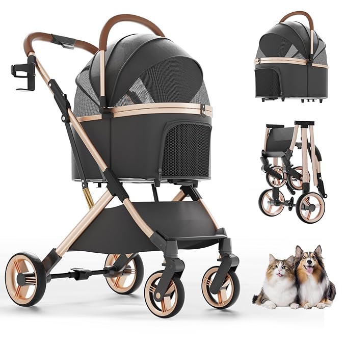 Pet Stroller with 4 Wheels, Dog Stroller with Detachable Carrier, One-Click Folding Pet Travel Carrier for Small, Medium Dogs Cats up to 50lbs, 3 in 1 Multifunctional (Black)