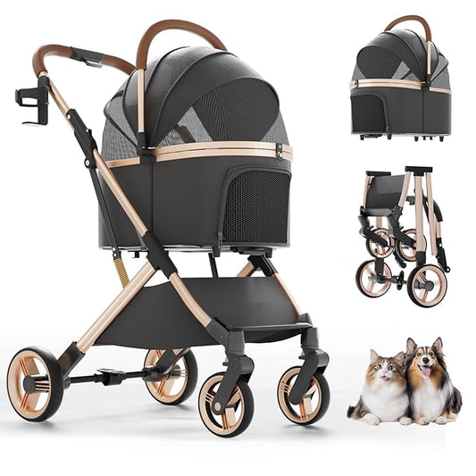Pet Stroller with 4 Wheels, Dog Stroller with Detachable Carrier, One-Click Folding Pet Travel Carrier for Small, Medium Dogs Cats up to 50lbs, 3 in 1 Multifunctional (Black)