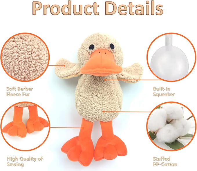 JKW Soft Stuffed Duck Squishy Toy for Dogs，Plush Squeaky Puppy Toys