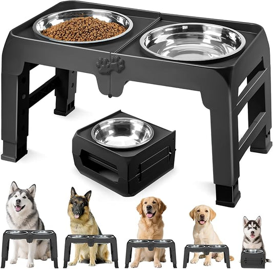 Elevated Dog Bowl Stand for Large Dogs - 2 Extra Large 10” Stainless Steel Bowls, 5 Adjustable Heights(7.5"-15.4"), Foldable Non-Slip & Durable, Portable Heavy Duty Travel Dog Feeder, Black