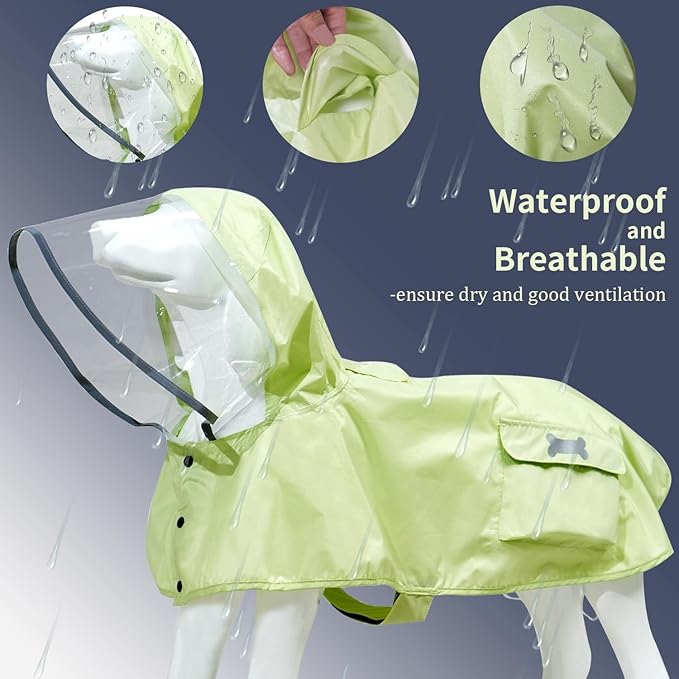 Waterproof Dog Raincoat, Adjustable Reflective Lightweight Pet Rain Clothes with Poncho Hood(Large,Light Green)