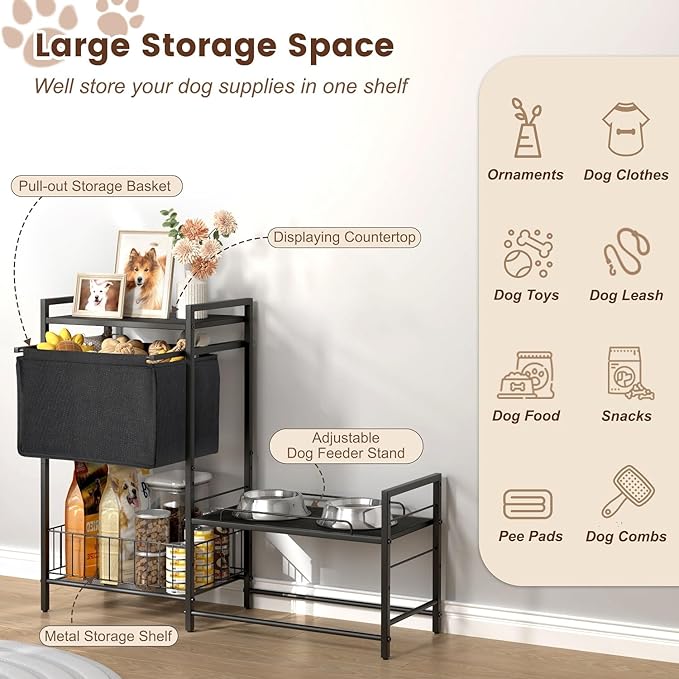 Elevated Dog Bowls, Raised Dog Bowl Stand with Dog Toy Bin Basket Dog Food and Water Bowl Feeding Station, Lifted Dog Bowl Holder Cabinet with Pet Storage Organizer for Large Medium Small Dogs