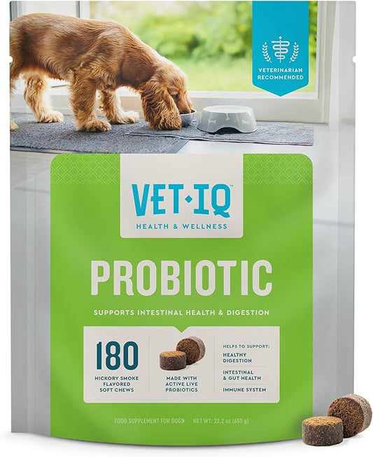 VetIQ Probiotic Supplement for Dogs, Dog Probiotics for Digestive Health, Nourishes Gut Bacteria and Supports Bowel Function, Hickory Smoke Flavor, Made in The USA, 180 Count