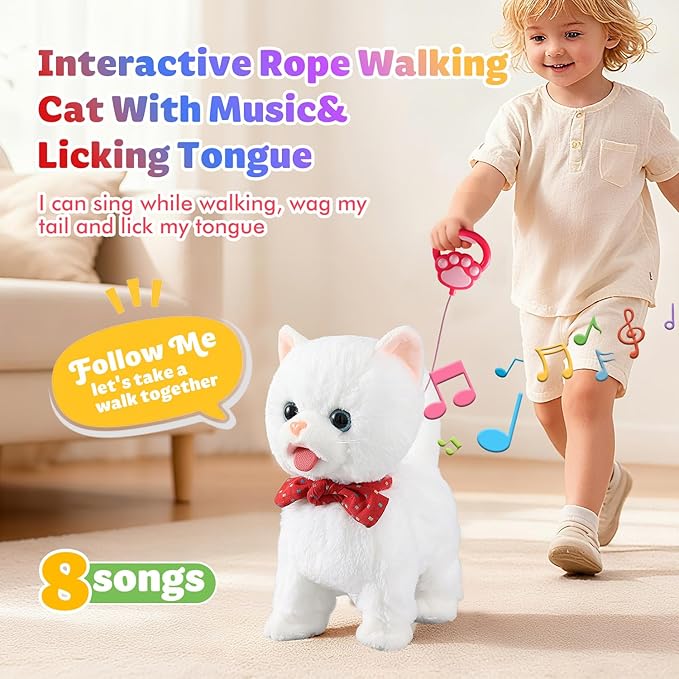 White Leash Walking Cat Set Interactive Talking Cat Singing Dancing Kitten Mimicking Repeat What You Say Kitty Touch and Voice Control Nodding Wagging Tail Plush Electric Kitty for Kid Gril