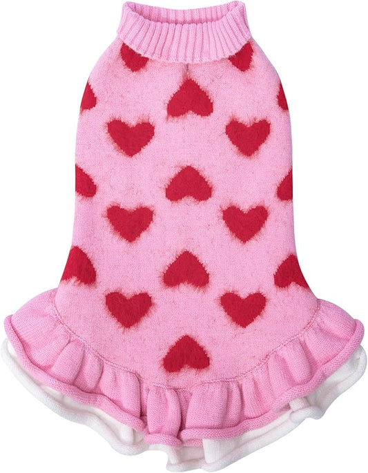 CuteBone Fancy Pink Dog Sweater Dress, Soft and Stretchy Dog Clothes for Medium Large Dogs Girl, Pink Heart Puppy Sweater Pullover Ruffle Dress Pet Outfit Cat Apparel