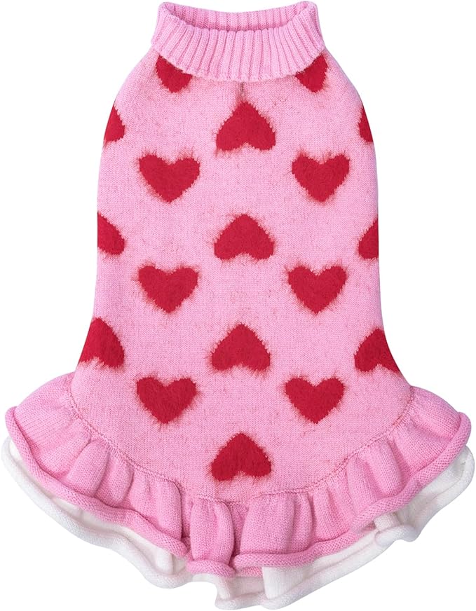 CuteBone Fancy Pink Dog Sweater Dress, Soft and Stretchy Dog Clothes for Small Medium Dogs Girl, Pink Heart Puppy Sweater Pullover Ruffle Dress Pet Outfit Cat Apparel