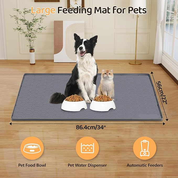 Dog Food Mat, Extra Large 34" x 22" Silicone Pet Feeding Mat with Raised Edge Pet Placemat for Small, Medium, and Large Pets Non-Slip, Easy to Clean (Dark Grey)