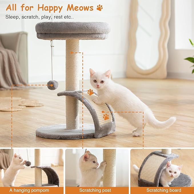 Small Cat Tree Tower with Scratching Post, Modern Kitten Tower for Indoor Cats, Short Carpet Sisal Cat Scratcher Stand with Large Bed Perch, Scratch Ramp, Toy Ball for Kitty Play (Grey)