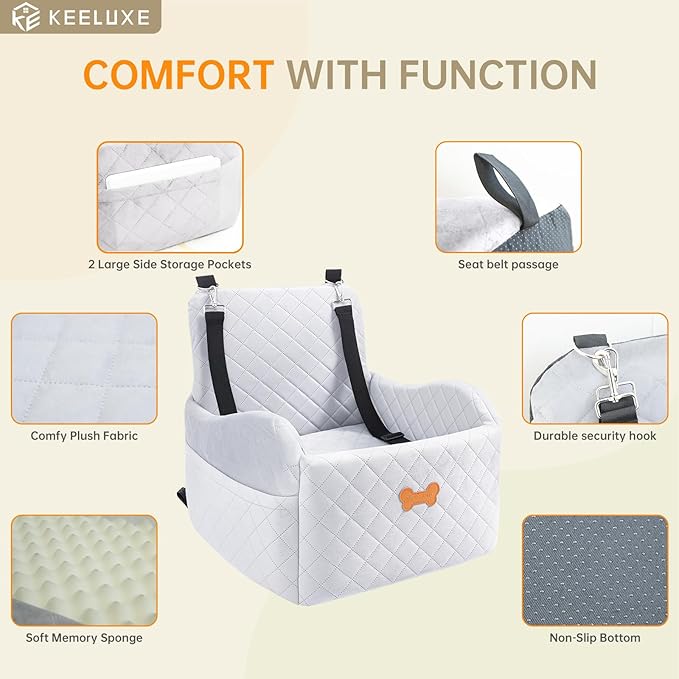 Dog Car Seat for Small Dogs, Dog Booster Seat Filling in Thick Memory Foam with 2 Safety Leashes and Storage Pocket, Suitable for Pet Under 30lb or 2 Puppies (Gray)