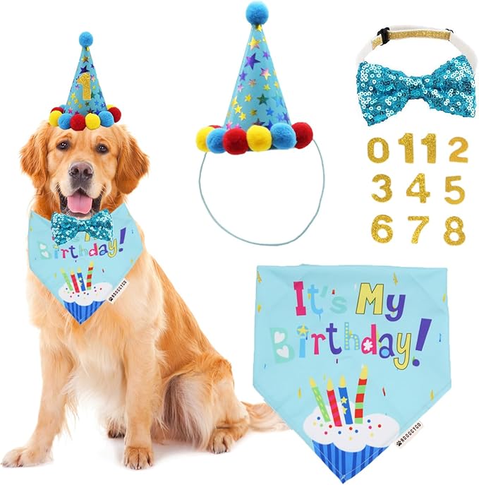 ADOGGYGO Dog Birthday Bandana Scarf and Blue Boy Pet Birthday Party Hat with Cute Bow Tie for Extra Large Dog Pet (X-Large)