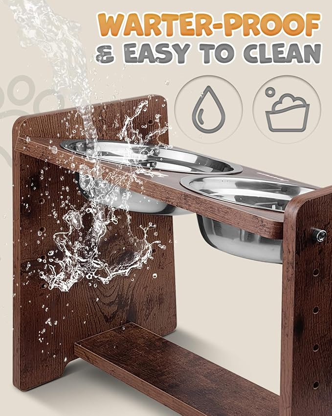 Elevated Dog Bowls, Adjustable Raised Dog Bowl Stand for Medium Size Dogs and Cats, Durable Bamboo Dogs Feeder with 2 Stainless Steel Bowls and Non-Slip Feet, Pet Food Bowl for Medium Sizes