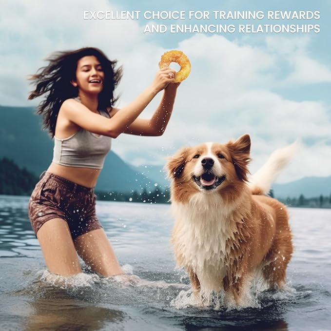 Dog Treats Large Breed, Chicken Wrapped Rawhide Donut Rings, Rawhide Dog Chews Long Lasting, Grain Free Training Snacks with Taurine for Medium Large Dogs, 4 Counts