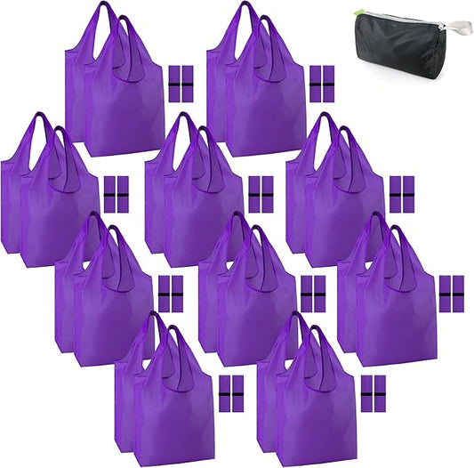 BeeGreen Purple Reusable Grocery Bags with Elastic Band Reusable Shopping Bags Bulk 50LBS X-Large Foldable-Machine Washable-Heavy Duty 20 Pieces