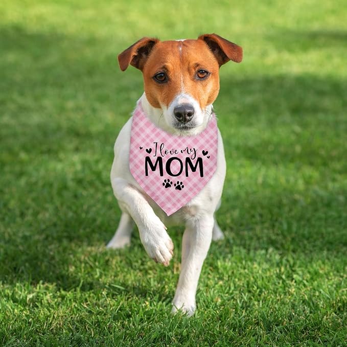 I Love My Mom Dogs Bandana Funny Cute Dogs Bandana Mothers Day Birthday Christmas Photo Prop Pet Scarf Accessories for Pet Dog Lovers Dog Mom Gifts - Red Plaid
